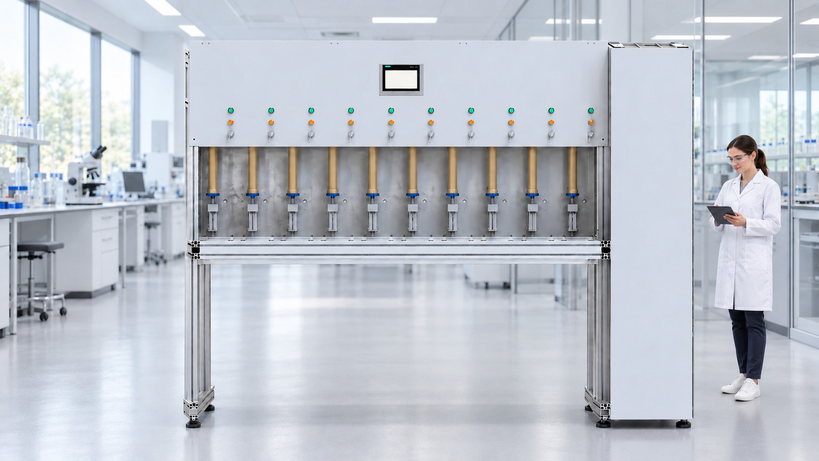 Macchina di lavaggio in laboratorio con tecnica in camice